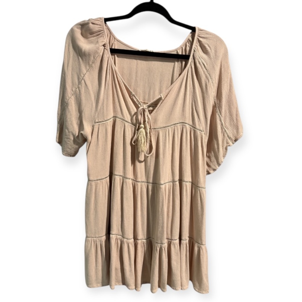 Easel Boho Tiered Babydoll Tunic Top Cream Cotton Gauze Lace Tassel Medium